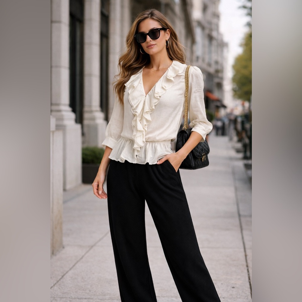 Women's Linen Ruffle Hem Blouse – Ivory Sz 0